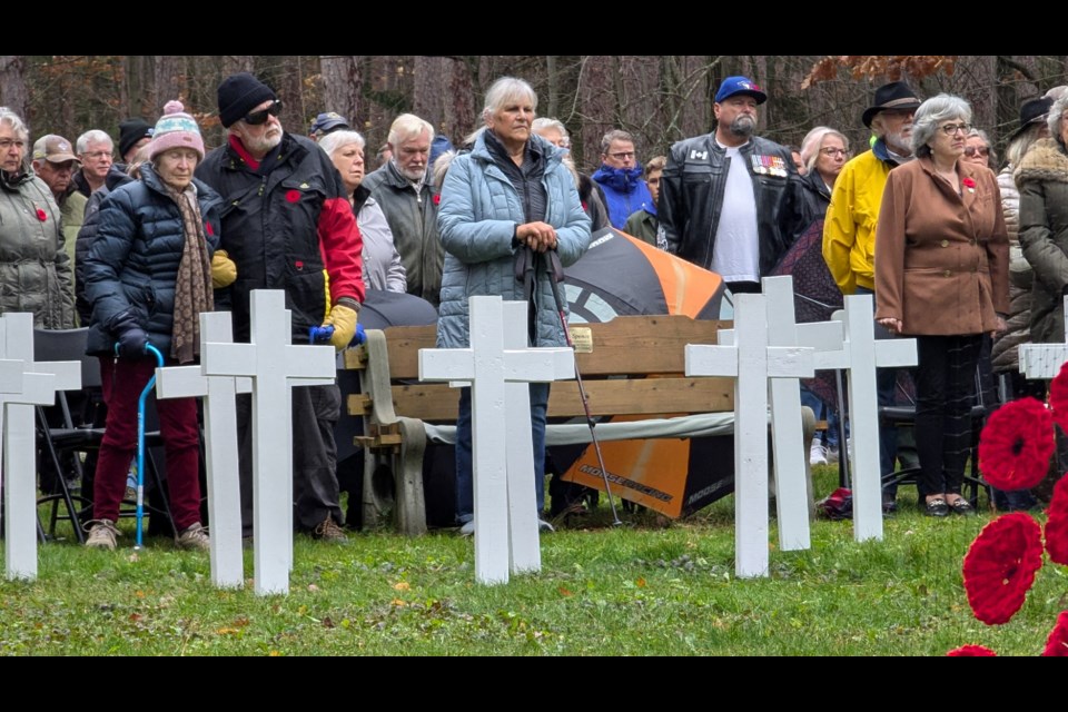 Organizers of the Remembrance Day ceremony at Springwater Provincial Park erected 29 white wooden crosses - one for each of the soldiers listed on the Honour Wall register.