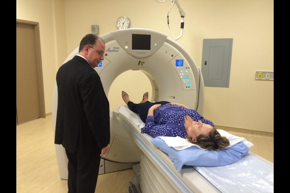 Dr. Touliopoulos demonstrates the new CT Scanner at the North Bay Regional Health Centre