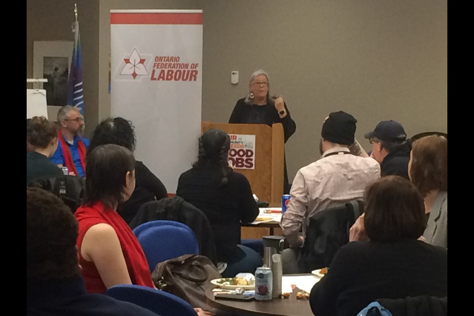 Patty Coates Secretary-Treasurer for the Ontario Federation of Labour speaks at regional activation meeting in North Bay 