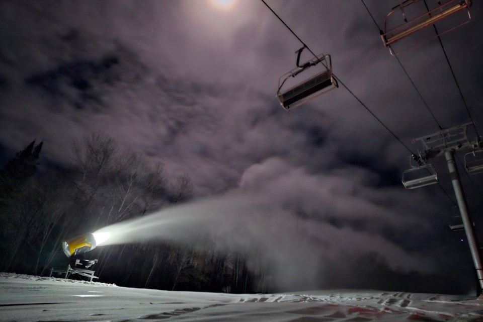 Ryan Eastman took this shot on the mountain the other night. The snow machines are pumping out the flakes, and the slopes will open soon / Image suppled