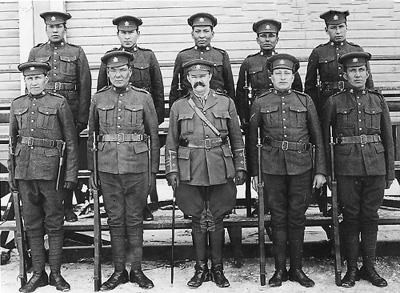 Members of the 191st Battalion, Canadian Expeditionary Force--the Blood Tribe recruits stand for a photo in Fort Macleod, Alberta / Photo and caption from the Glenbow Archives, courtesy of Veterans Affairs Canada