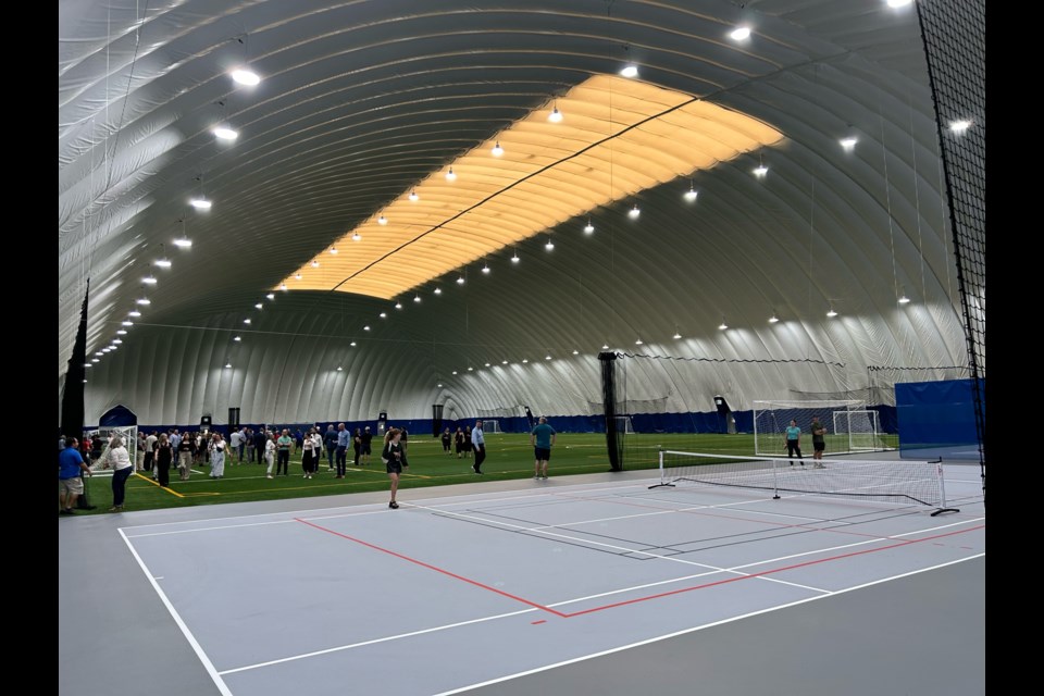 The pickleball and turf field from inside the south end of the facility. 