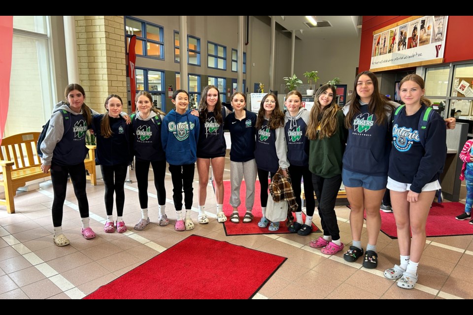 Members of the U13 Typhoon of the North Bay Youth Volleyball Club Jr. Lakers Volleyball at the first ever Scoliosis Awareness Day in North Bay event at the YMCA. 