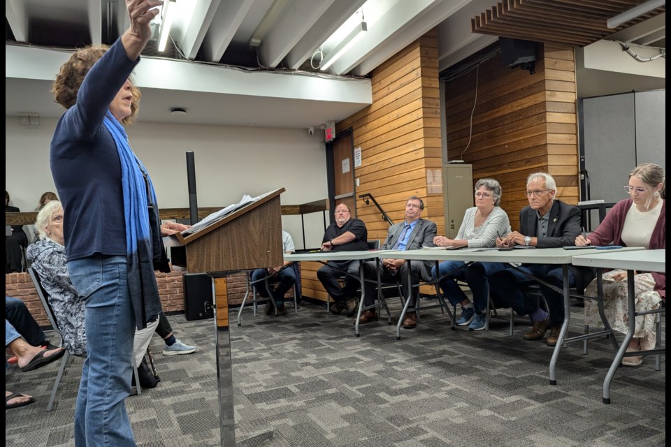 Cindy Lalande gestures as she make a three-minute presentation before North Bay City Council at a Town Hall meeting on Tuesday, Sept. 24.