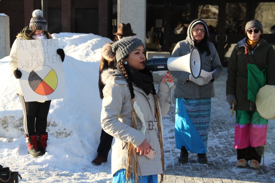 Kamryn Whiteye speaks during Monday's pipeline protest at the North Bay Courthouse.  Photo by Chris Dawson/BayToday.ca.  