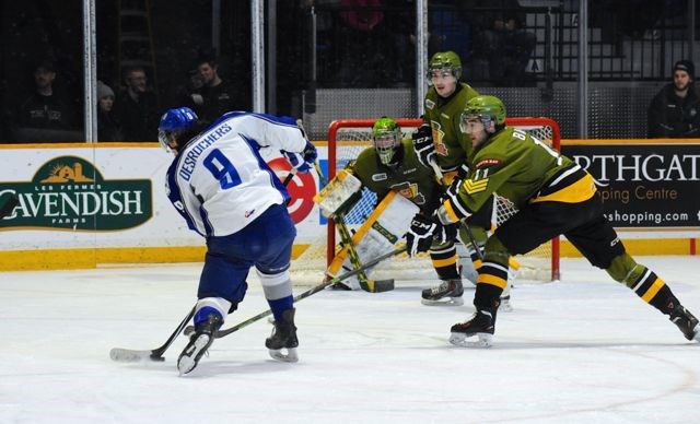 North Bay native Danny Desrochers with a shot on Smith. PHOTO BY TOM MARTINEAU.