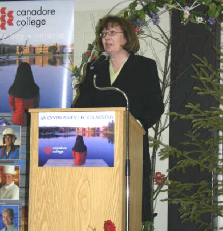 Canadore College president Barb Taylor giving a speech to introduce the event's speaker. Photo by Bill Tremblay, Special to BayToday.ca.