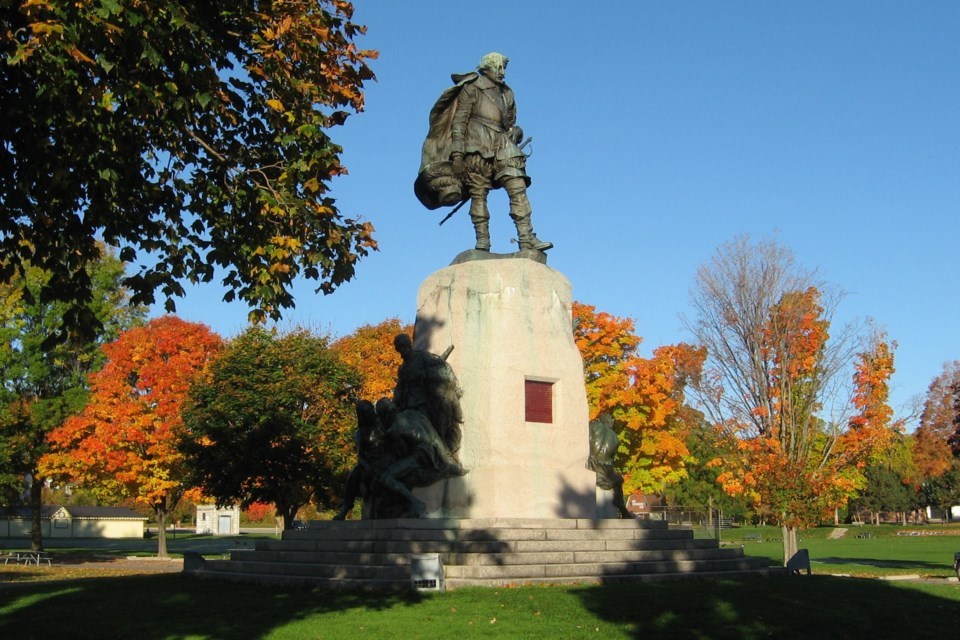 The Champlain Monument in Orillia, later removed in 2017 by Parks Canada. The iconic statue, crafted by Vernon March, was unveiled in the park on the edge of Lake Couchiching in 1925.