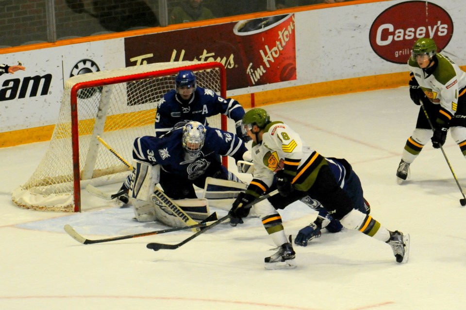 Mike Amadio scored the game winning goal for the North Bay Battalion in sudden death overtime on Thursday night. PHOTO BY TOM MARTINEAU