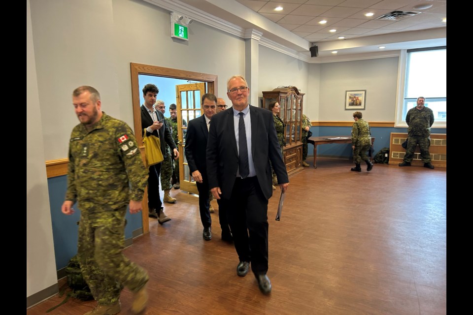 Defence Minister Bill Blair arrives for the 11 a.m. press event at CFB North Bay.  Photo by Chris Dawson/BayToday. 