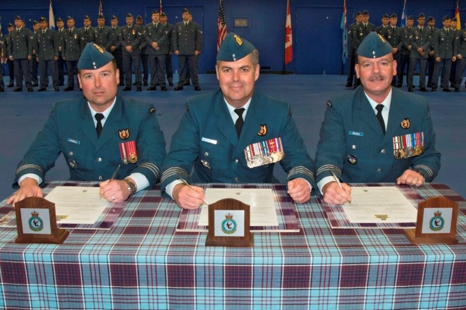 On Thursday, July 7th, at 22 Wing/Canadian Forces Base North Bay, 21 Aerospace Control and Warning (AC&W) Squadron held a change of command ceremony where Lieutenant-Colonel Marc Délisle relinquished command to Lieutenant-Colonel Mark Lachapelle. Colonel Henrik Smith, 22 Wing and Canadian Air Defence Sector Commander, presided over the ceremony witnessed by members of 21 AC&W Sqn, 22 Wing and local dignitaries.

(L-R) Lieutenant-Colonel Mark Lachapelle, incoming 21 AC&W Sqn Commanding Officer, Colonel Henrik Smith, 22 Wing and Canadian Air Defence Sector Commander and presiding officer, and Lieutenant-Colonel Marc Délisle, outgoing 21 AC&W Sqn Commanding Officer.

Photo credit:  Corporal Joseph Morin, 22 Wing Imagery Technician.
