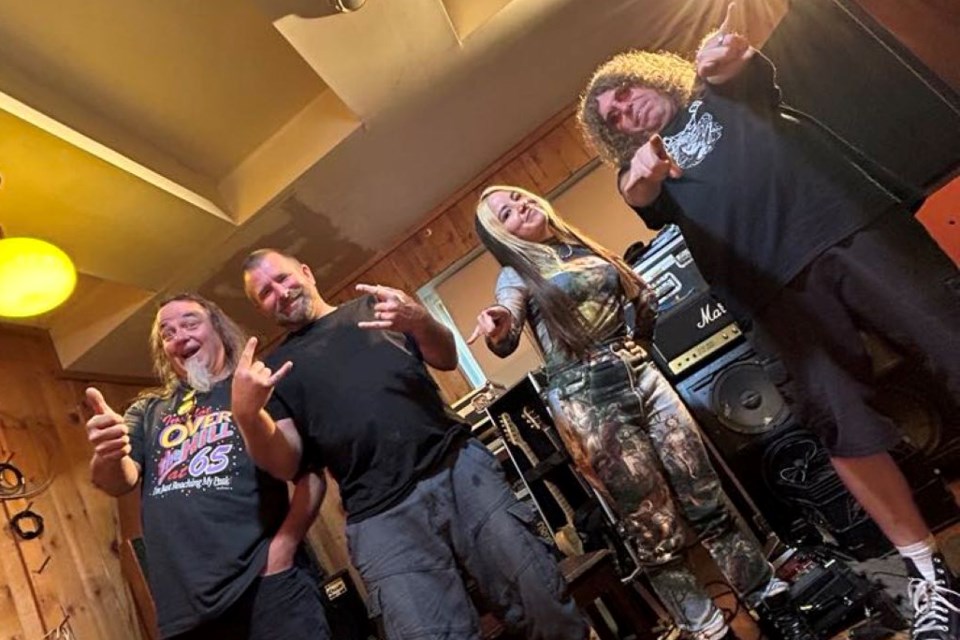 Triggered band being interviewed on an episode of Sound Trippers. The band includes: James Ahola (far left), guitarist Joe Westerlund (middle left) and Steve 'drummer from hell' Greer (far right) with Sound Trippers host Samanta Izquierdo (middle right). 