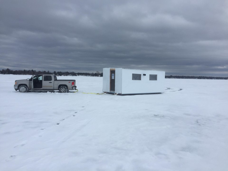 USED 20180208 4 Taking the ice hut out onto the lake. Photo by Brenda Turl for BayToday.