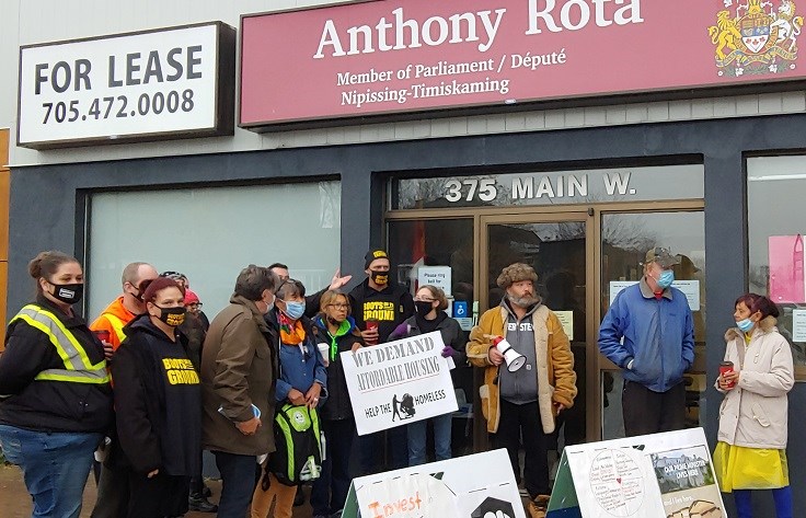 The demonstration kicked off from MP Anthony Rota's office. Photo: Stu Campaigne