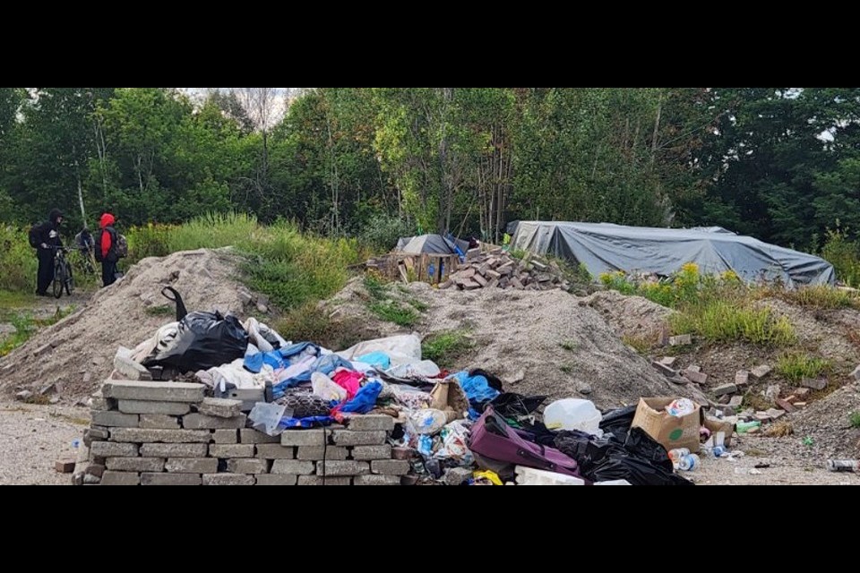 A brick structure which has become part of the homeless encampment near downtown North Bay. 