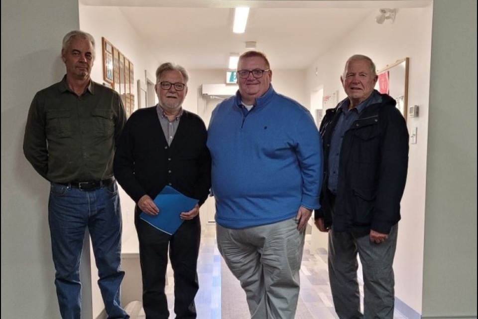 Ron McLaren, Deputy Mayor, Machar Township, Bill O'Hallarn, Past President, South River Curling Club, MPP Graydon Smith, Jim Coleman, Mayor, South River.