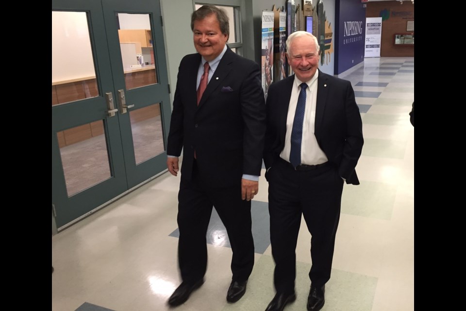 Nipissing President Mike DeGagne gives Governor General David Johnston a tour of Nipissing University. Photo by Chris Dawson.