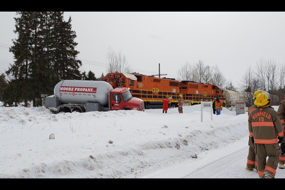 This propane truck was struck by a train. Courtesy OPP.