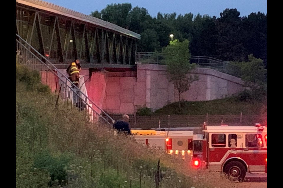 A firefighter brings a woman who was clinging to the Chippewa -Frost St. pedestrian bridge to safety.