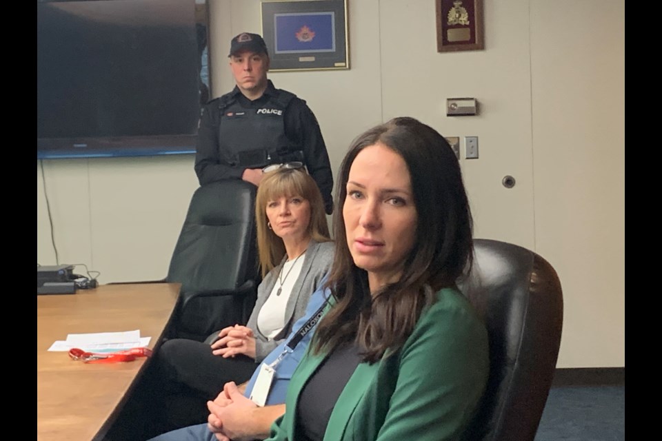 Detective Constable Matti Primeau, an Anishinabek Polilce human trafficking investigator, in discussions during Monday's media event.  Photo by Chris Dawson/BayToday. 