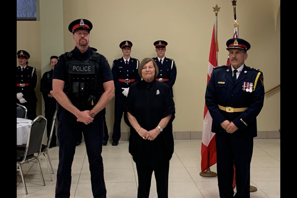 Constable David Wright (far left) is one of the new experienced police officers introduced during Friday's event.  Photo by Chris Dawson/BayToday. 