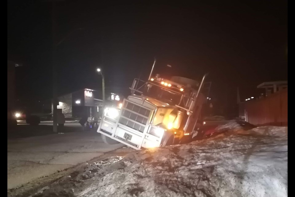 The Transport in the ditch on Dudley Avenue Monday night.  Photo submitted. 