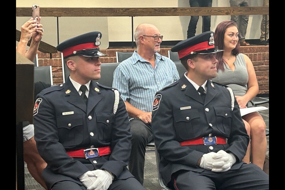 New Constables Adam Stoneburgh and Meakhi Olivier prior to their swearing-in service at the North Bay Public Library. 