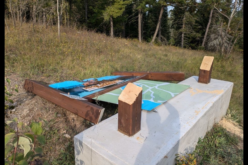 Vandals used a chain saw to destroy this sign.