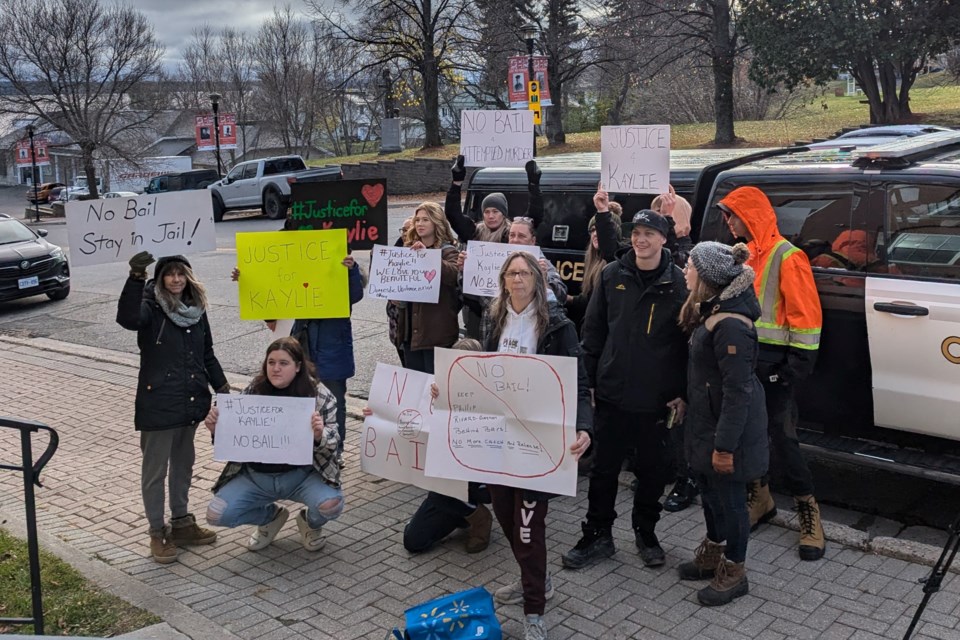 About a dozen people demonstrated outside the Haileybury courthouse demanding the accused in the Cobalt attack be denied bail.