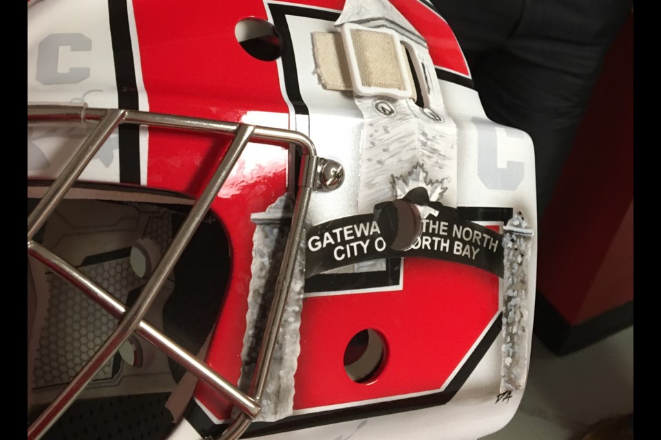 The Gateway sign on the left sign of Cornell Big Red goaltender Nate McDonald.  Photo courtesy Lorne McDonald.  