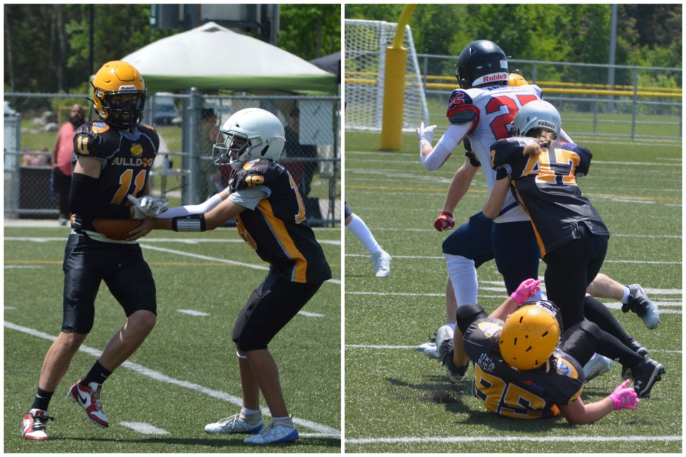 (Left) Key U14 offensive players Calum Grant (11) and Kayden Baron run a play in the backfield. (Right) Defensive Back Kiera Brown tracks down a Rebels ball carrier in OSFL action on Saturday, June 1. 