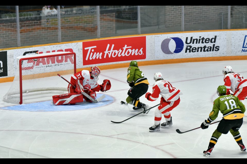 Nicholas Sima scores on this first period break-away to give the home team a 1-0 lead