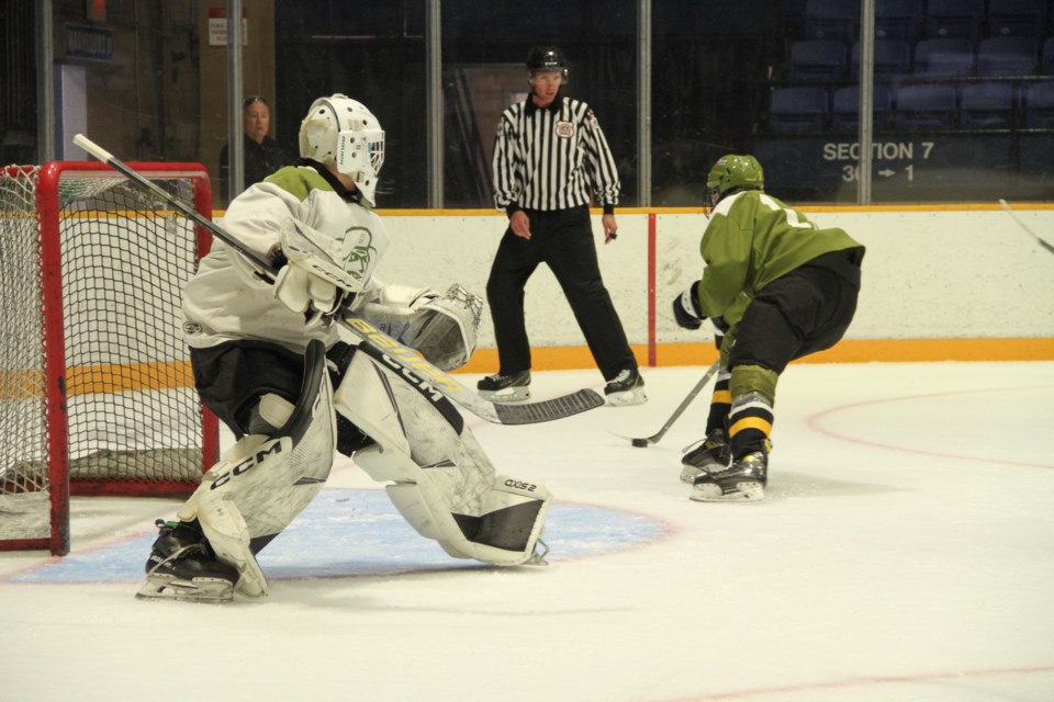 Battalion prospect goalie Charlie Larocque during third period action.  Photo by Chris Dawson/BayToday. 