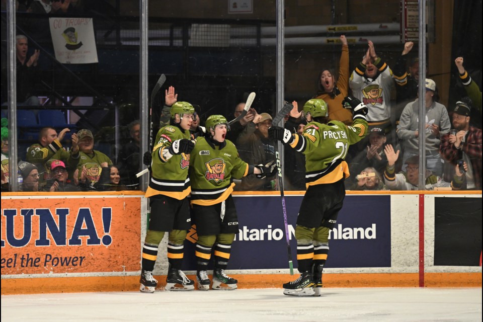 Ihnat Pazii celebrates his first OHL playoff goal.  