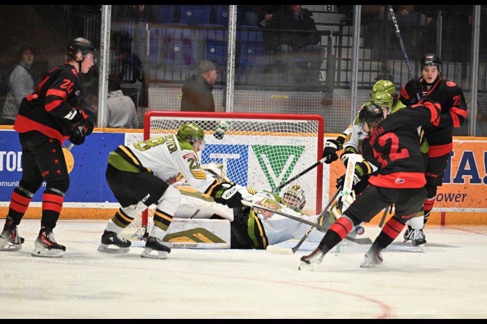 Mike McIvor with a great first period save against the Greyhounds. 