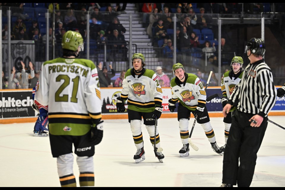 Shamar Moses skates back to the bench after giving the Troops a 2-1 lead in the second period. 