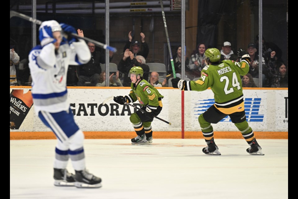 Jacob Therrien (6) celebrates what would be the game winning goal against Sudbury.