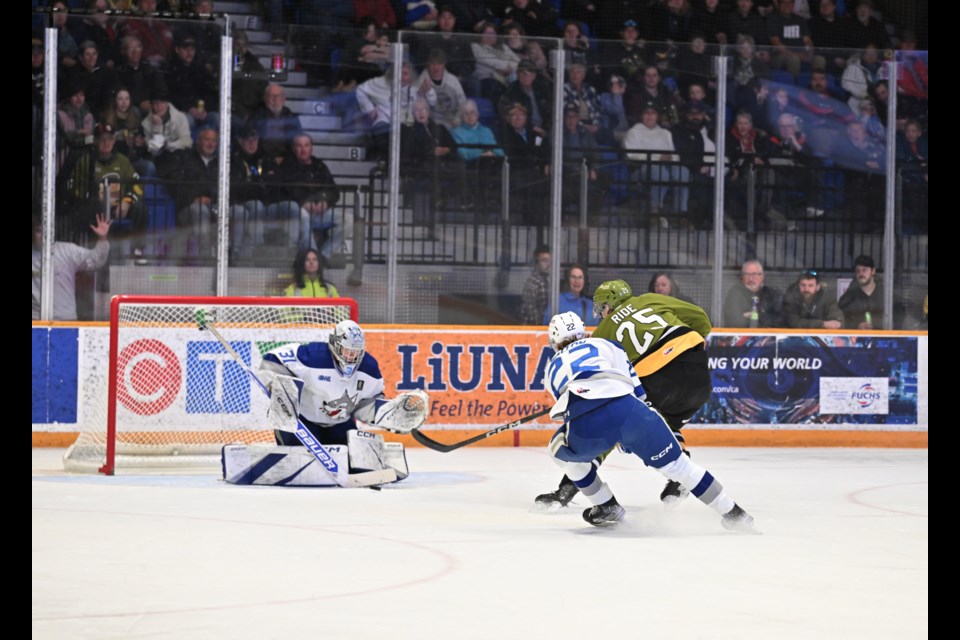 Bronson Ride scores a 4 on 4 partial breakaway goal beating Wolves goalie Finn Marshall five-hole. 