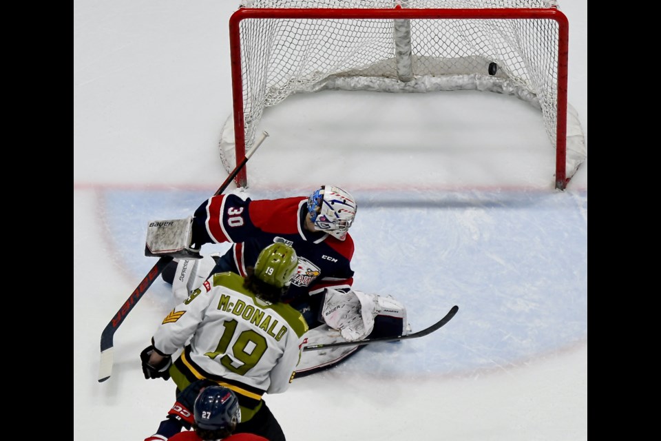 Battalion forward Kyle McDonald beats the Saginaw goaltender. Photo by Sean Ryan. 