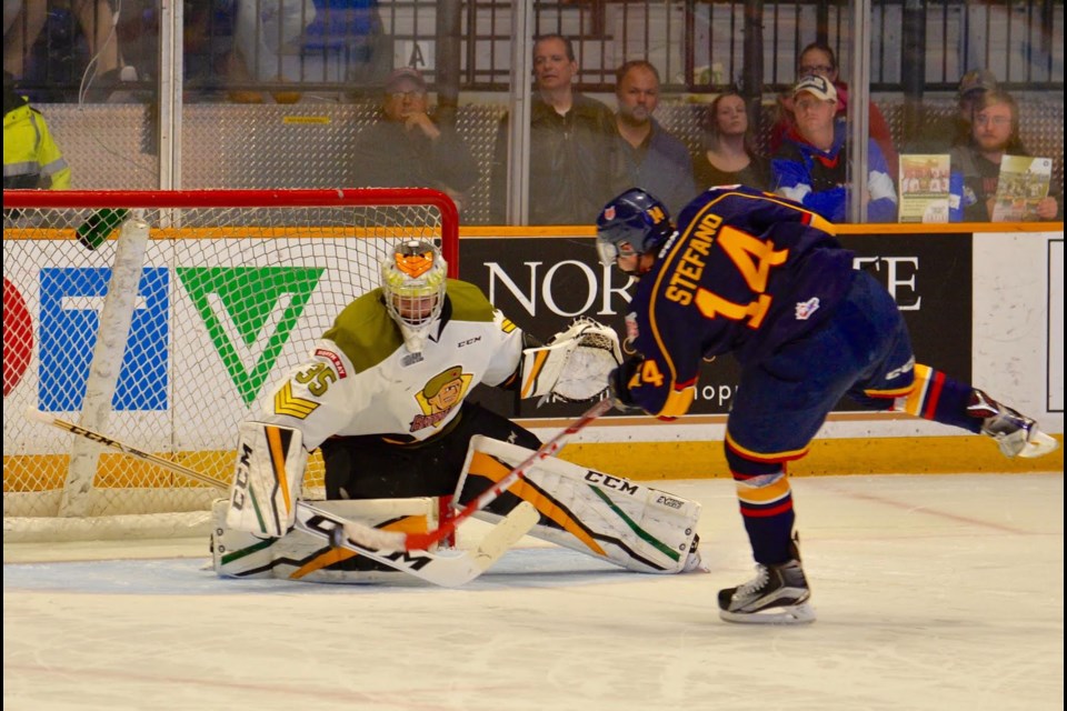 Mat Woroniuk was strong late in the game, in overtime, and in the shootout, leading the Battalion to a 4-3 win. Photo by Tom Martineau.