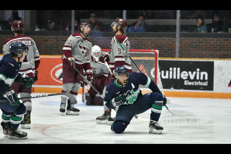 Lakers forward Gael Lubwele celebrates his game opening goal in the East Quarterfinal against Ottawa Gee-Gees. Photo by Tom Martineau.