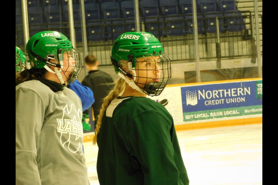 Lakers women's hockey team forward Mallory Dominico and the team practice ahead of the McCaw Cup game against Toronto. Photo by Matthew Sookram. 