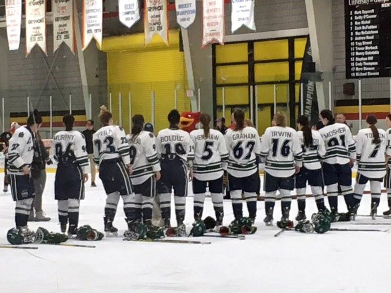 Members of the Nipissing University Lakers receive their silver medals after falling 6-1 in the McCaw Cup championship game to the Guelph Gryphons. Photo courtesy Young Mahoney Photography.