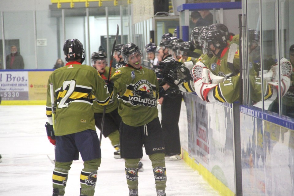 Tyler Gervais-Rolfe celebrates his shorthanded goal early in the game.  Photo by Chris Dawson. 