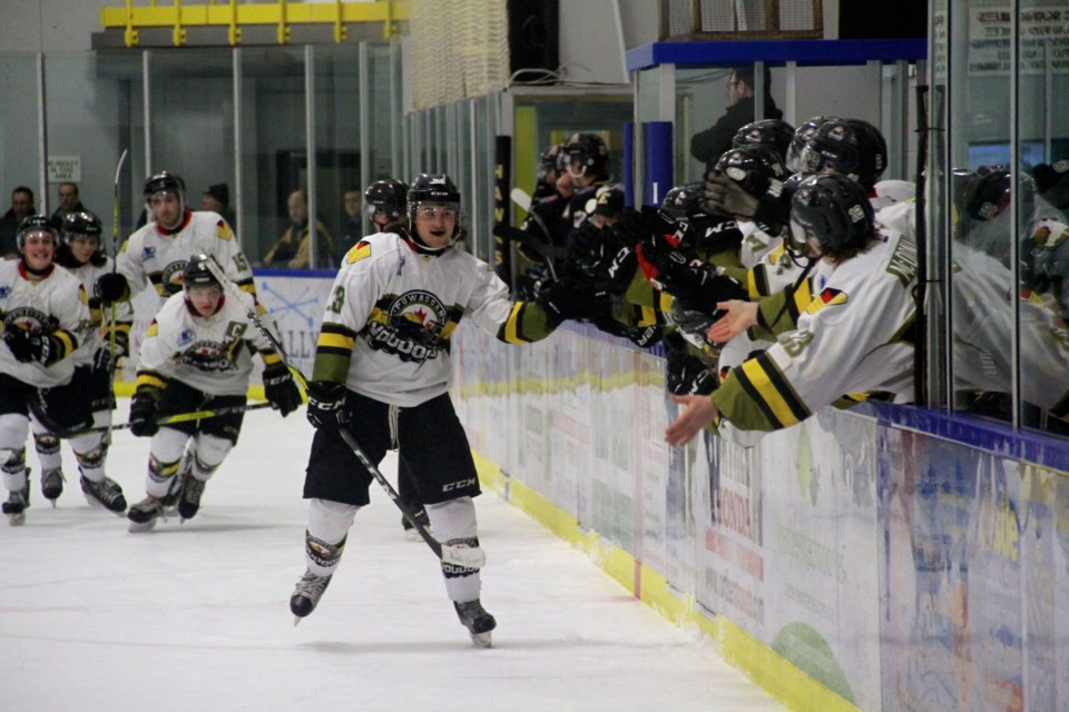 Tyson Gilmour celebrates his late first period goal. Photo by Chris Dawson.  