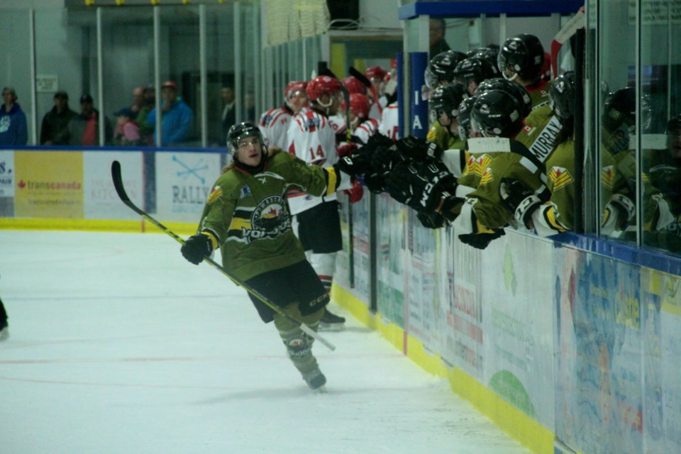 Gary Mantz celebrates one of his two first period tallies.  Photo by Chris Dawson. 