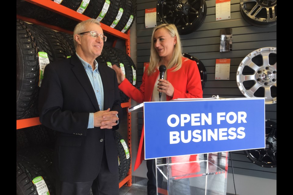 Nipissing MPP Vic Fedeli along with MTO Parliamentary Assistant Kinga Surma at a studded tire announcement.  Photo by Chris Dawson/BayToday.ca. 