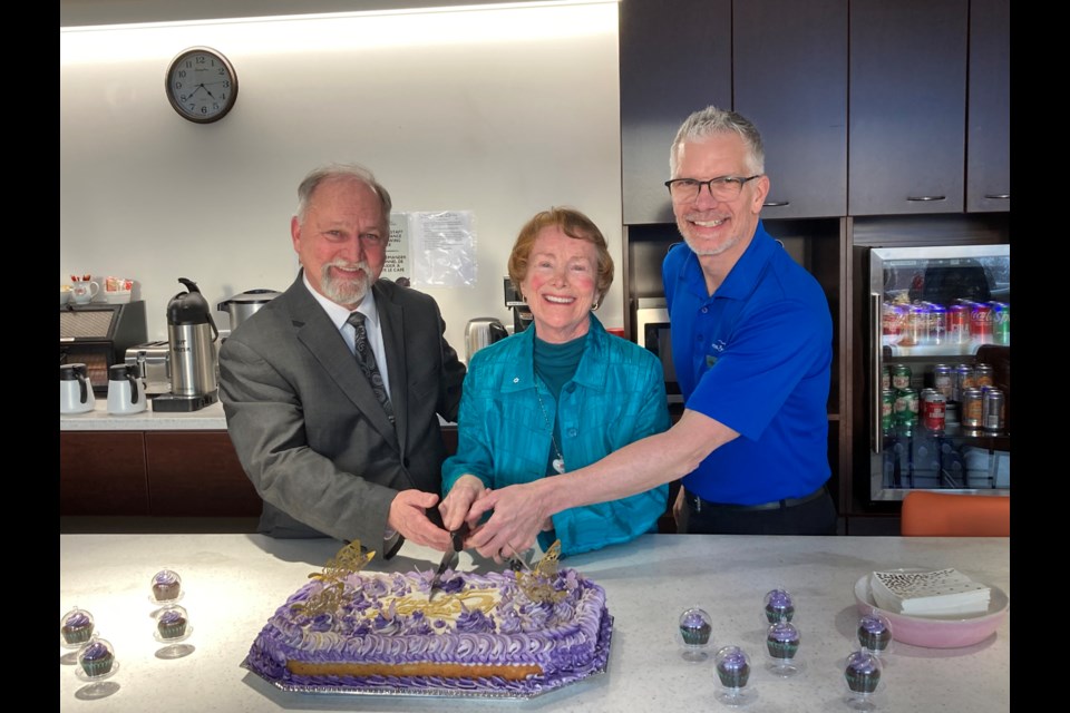 (l-r) Board chair Collin Bourgeois, hospice founder Mathilde Bazinet, and Gil Pharand executive director at open house marking 5th anniversary since the hospice opened its doors.  