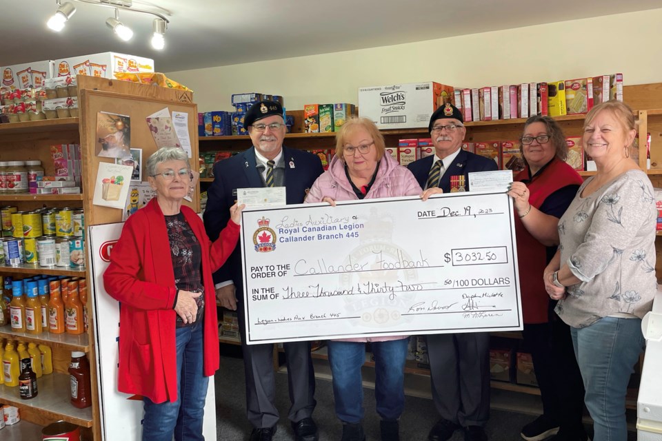 From left to right, Maureen Carriere, manager of the Callander and District Food Bank, Ron Devost, President Callander Legion, Daphne Miclette, 1st VP Ladies Auxiliary, Cam Clarke, 1st VP Callander Legion, Amanda Hiscock, Treasurer Ladies Auxiliary and Deborah Hickey Treasurer Callander Food Bank