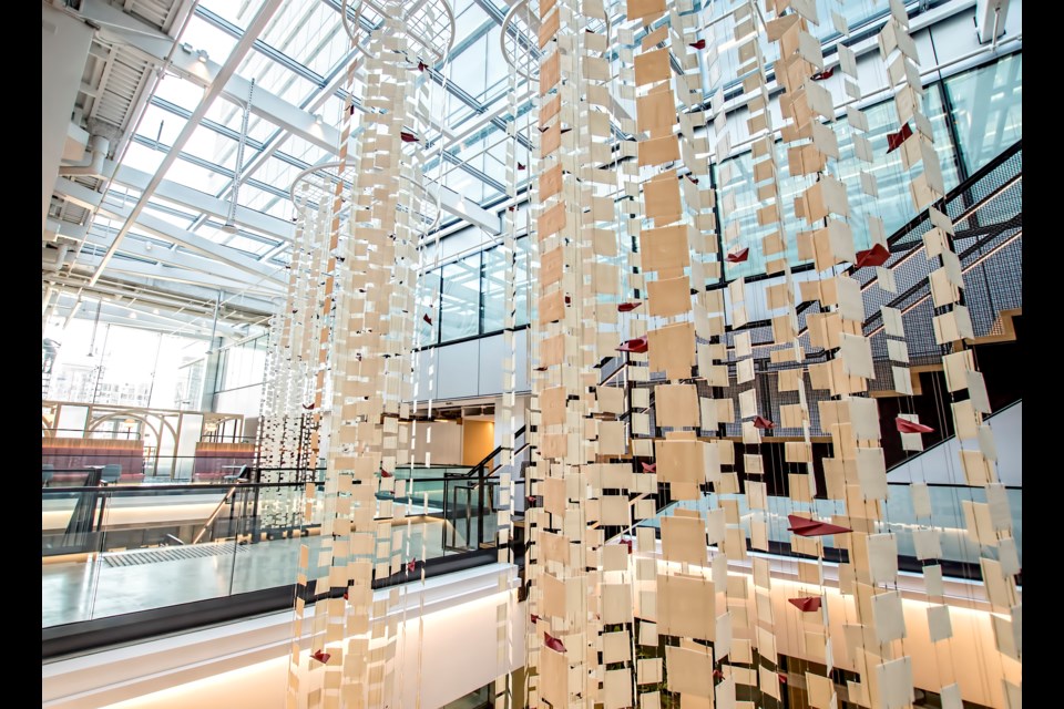 The interior of the new Amazon Atrium has art installations, including a work by Samantha Dickie incorporating delicate pieces of stamped ceramic with origami-style clay birds | Chung Chow, BIV